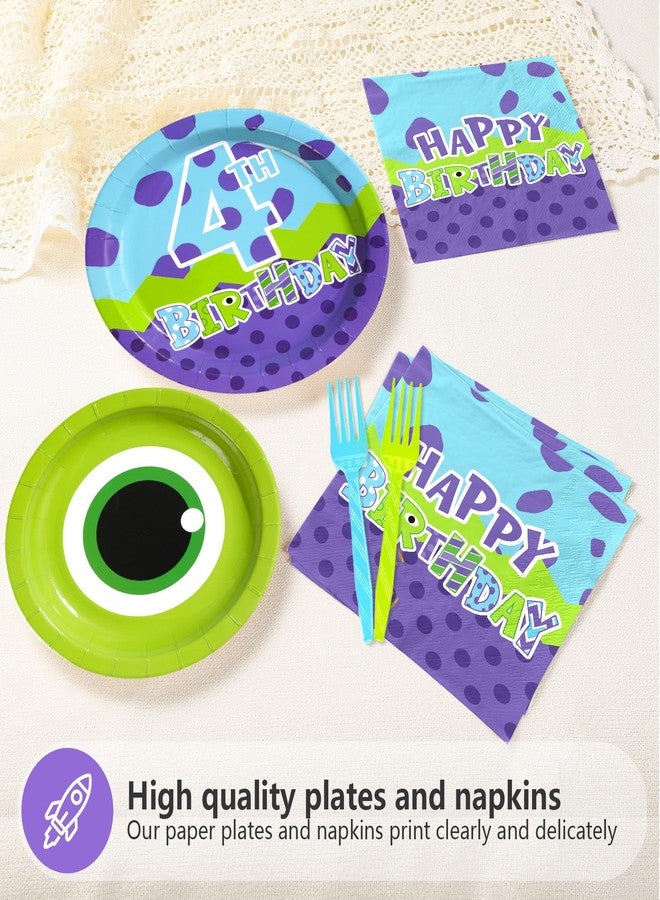 Greencian 96Pcs Monster Birthday Party Supplies 4th Monster Theme Party Plates and Napkins Disposable Green and Purple Cartoon Tableware Set for Kids 4th Birthday Baby Shower Decorations Serves 24 - Image 4